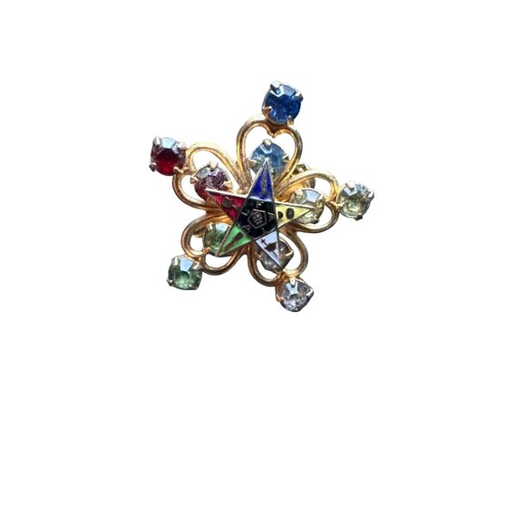 Vintage Rainbow Rhinestone Eastern Star Gold-Tone Brooch Pin - Picture 2 of 3